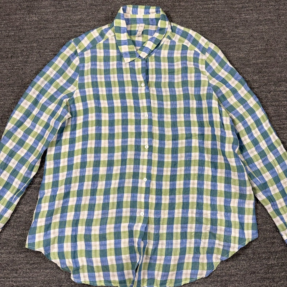 Studio 412 Top Women XL Plaid Linen Button Up Lagenlook Maine USA Coastal Tunic